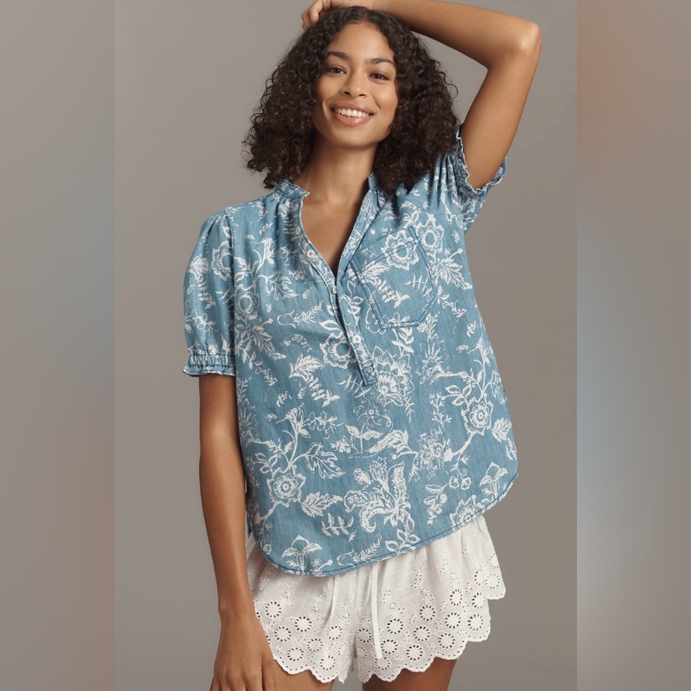 Anthropologie The Aly Puff-Sleeve Blouse in Light Denim